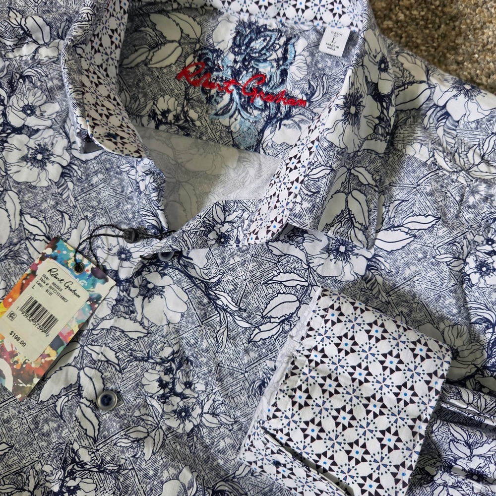 Robert Graham Hauser Blue Floral Classic Fit Button Down Shirt RF221516MCF L Nwt